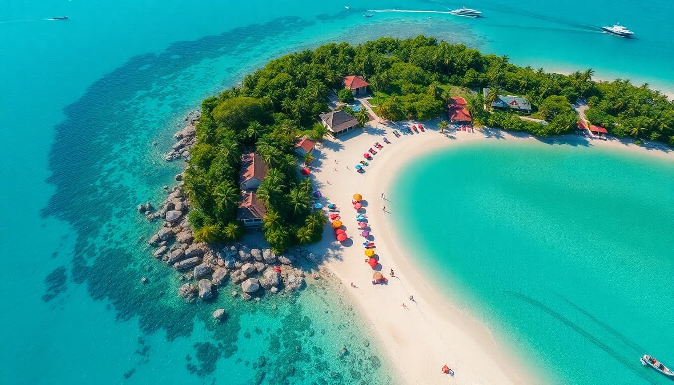 Aerial view of a vibrant travel destination, highlighting beach and adventure experiences for fly888.
