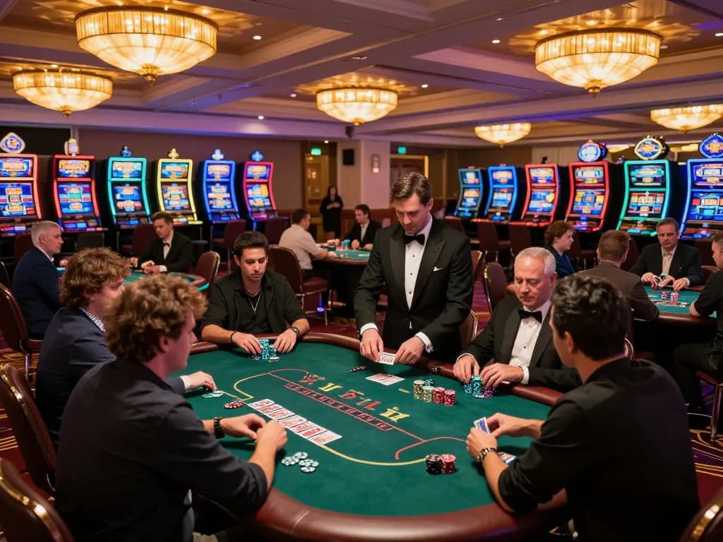 Players strategizing at a busy casino non aams table, enjoying gaming with vibrant atmosphere.