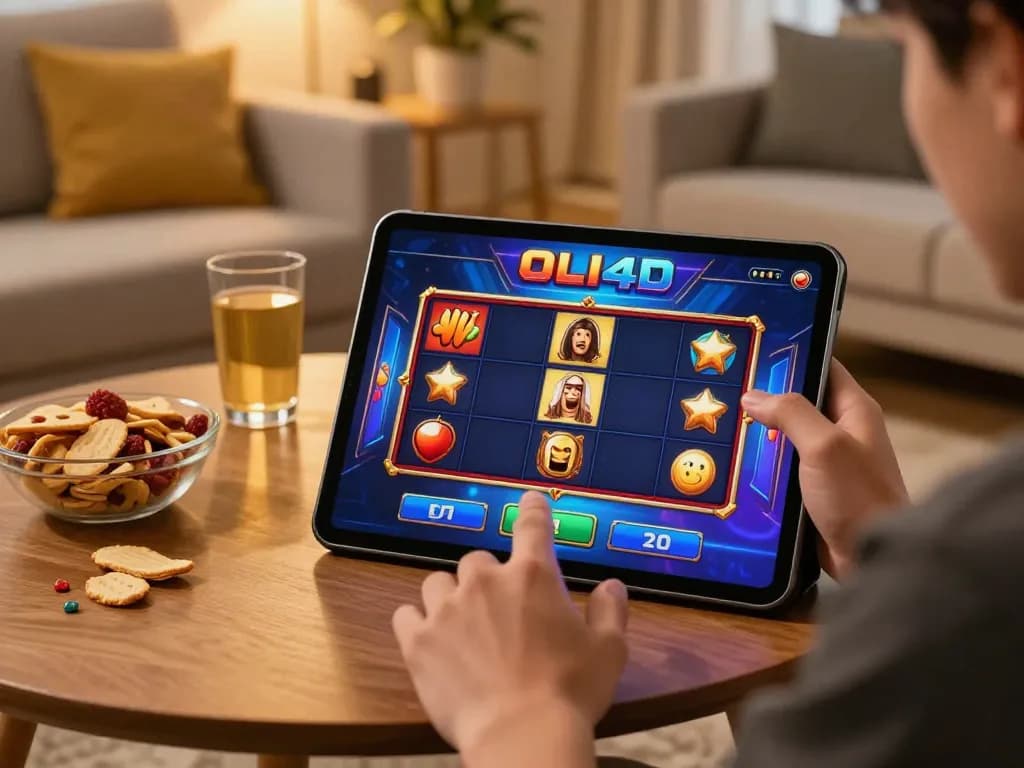 Engaging in the OLI4D slot game on a tablet in a cozy home setting.