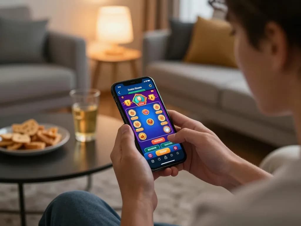 Player enjoying server thailand casino app on smartphone in cozy living room setting