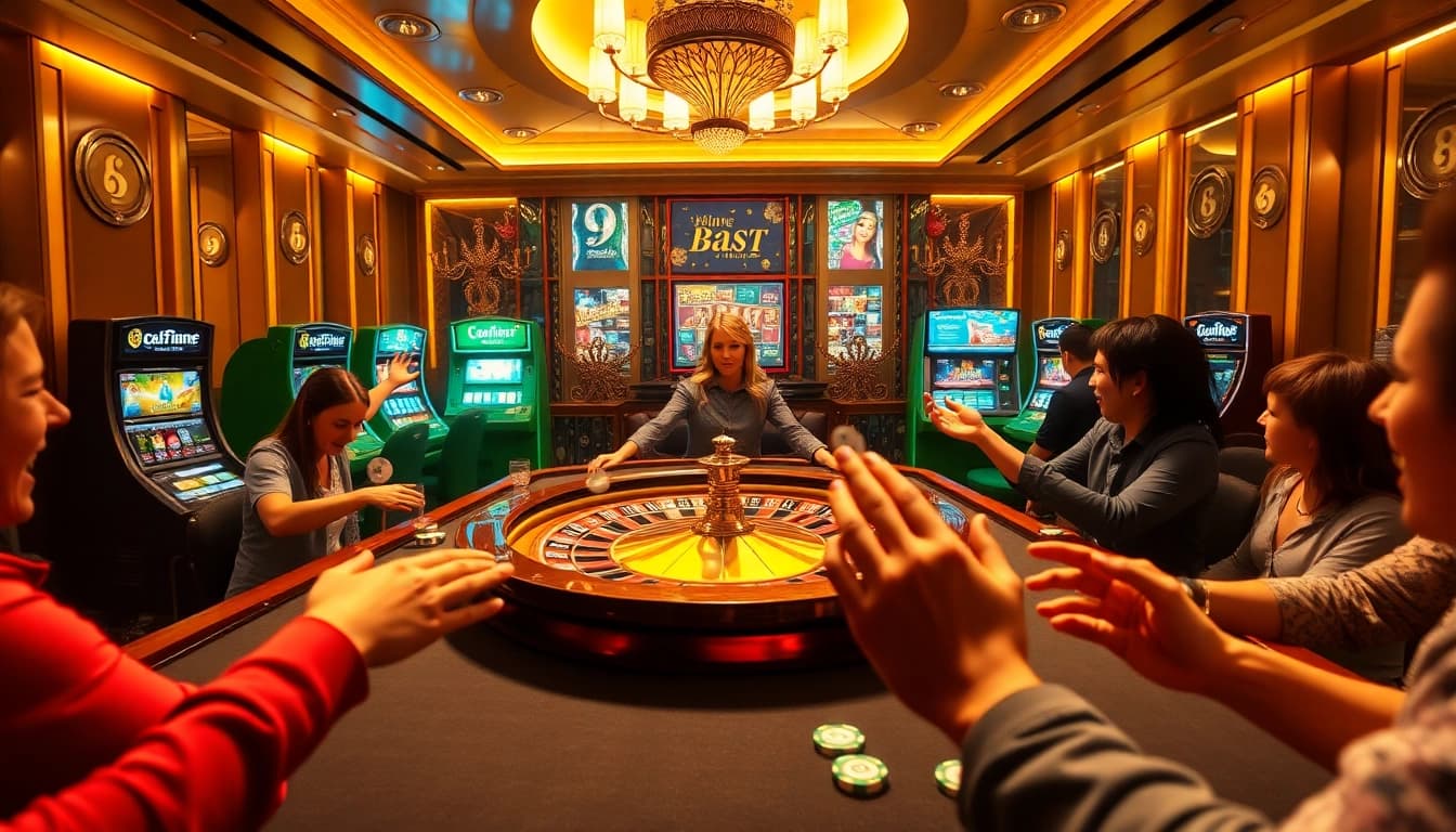 Scène de jeu captivante présentant un casino en ligne français avec roulette, jetons de poker et machines à sous vibrantes.