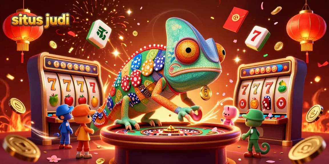Situs judi vibrant casino illustration with a chameleon character, slots, and festive elements.