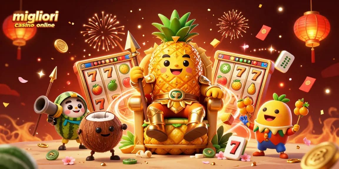 Gioca nei migliori casino online con il re ananas e i suoi guardiani in un'illustrazione festosa.