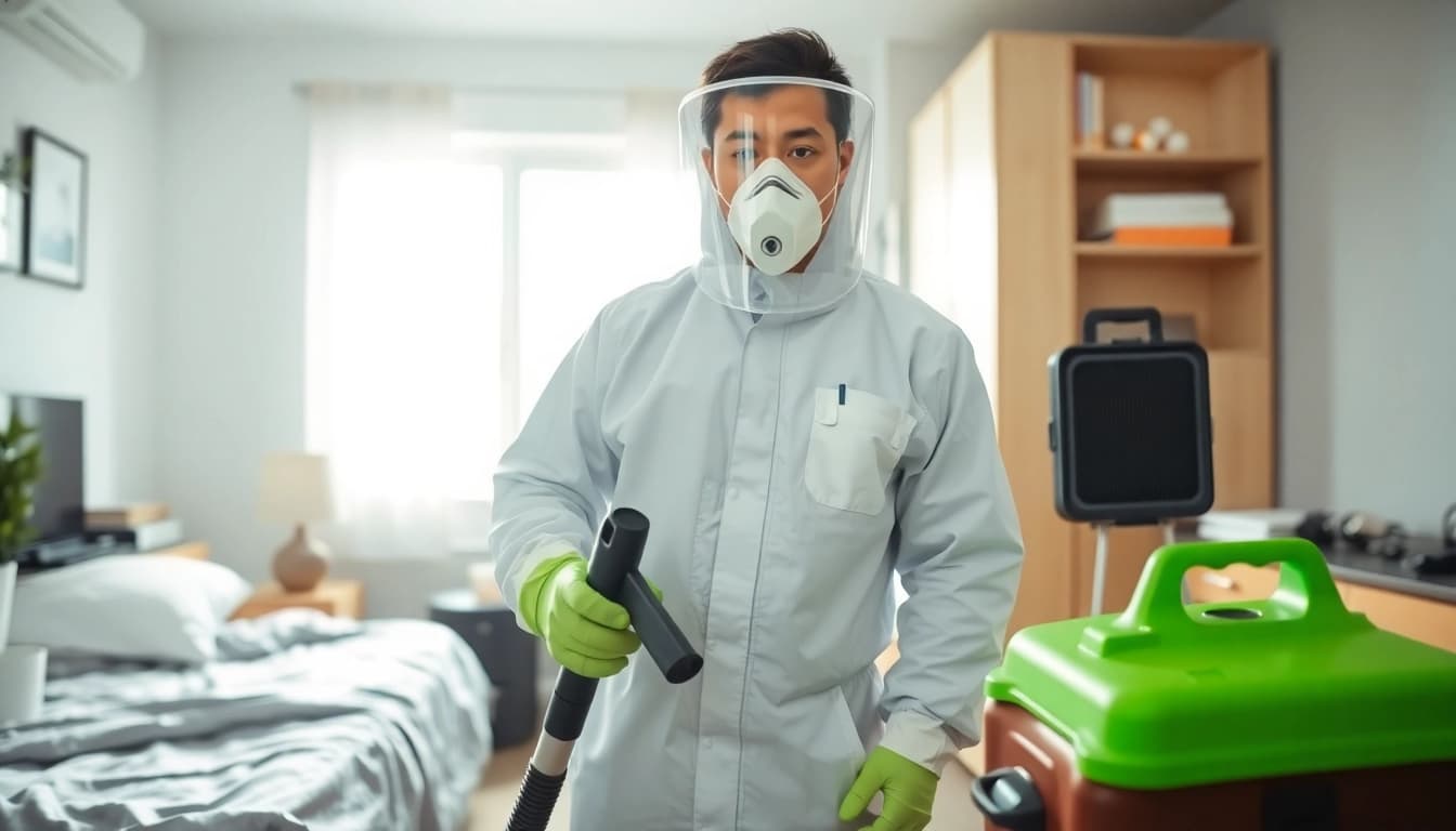 bedbugs exterminator near me demonstrating pest control techniques in a bright apartment.