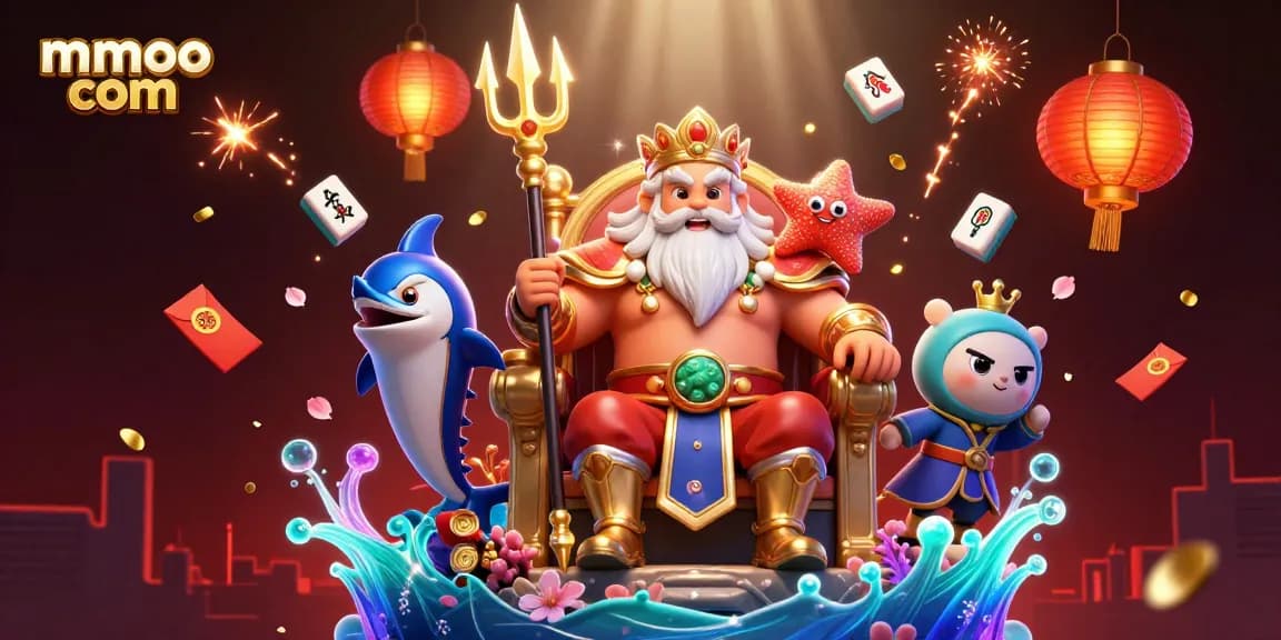Win big at mmoo com with vibrant 3D illustration featuring Neptune and exciting gaming elements.