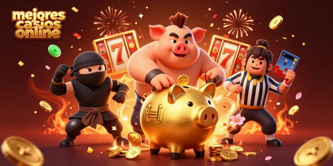 Descubre los mejores casinos online a través de una escena llena de acción y energía con un luchador y un ninja.