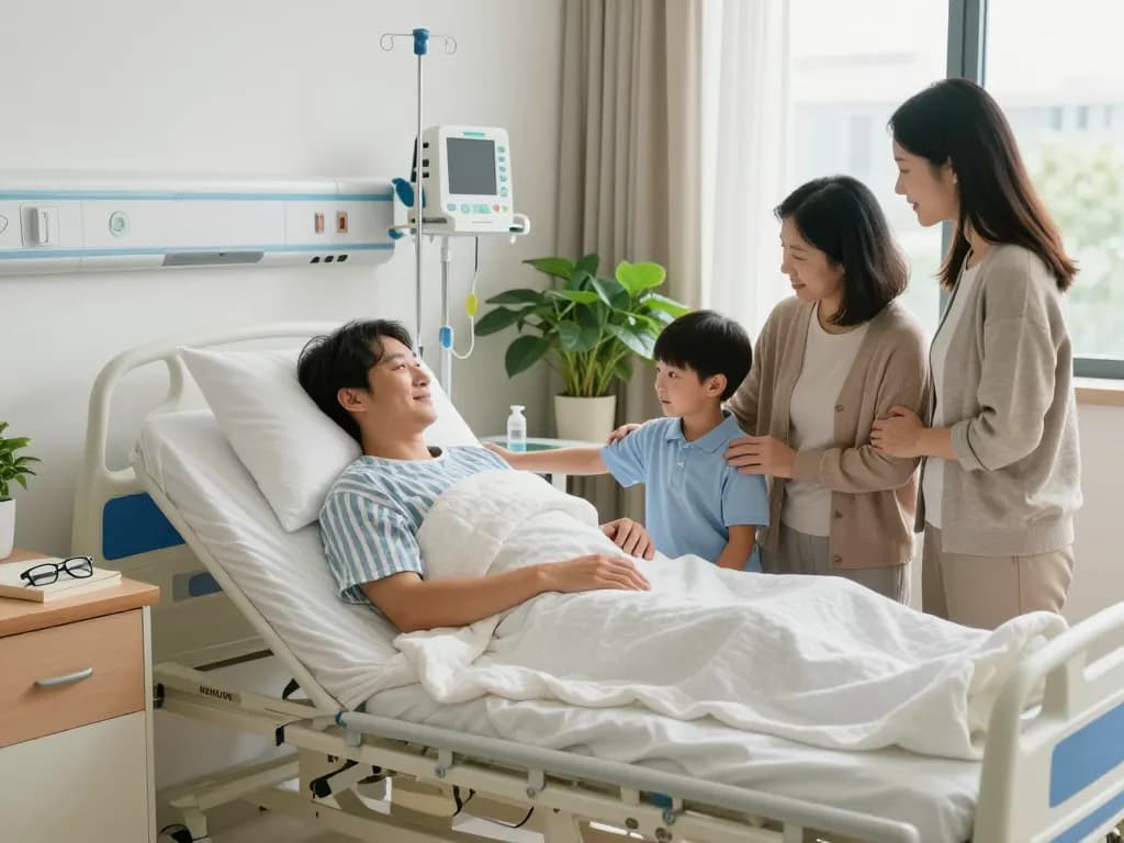 Modern giường bệnh nhân with patient resting in a bright, comforting hospital room.