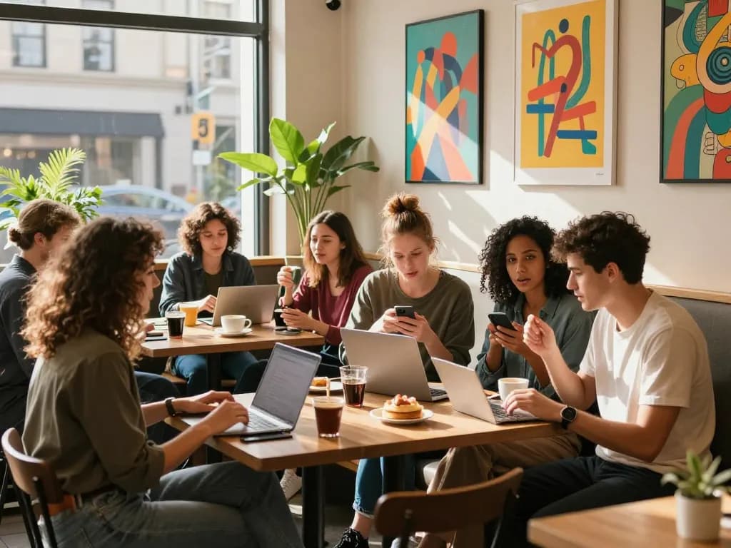Group of young adults discussing AI strategies in a vibrant cafe, embodying the essence of ia +18.