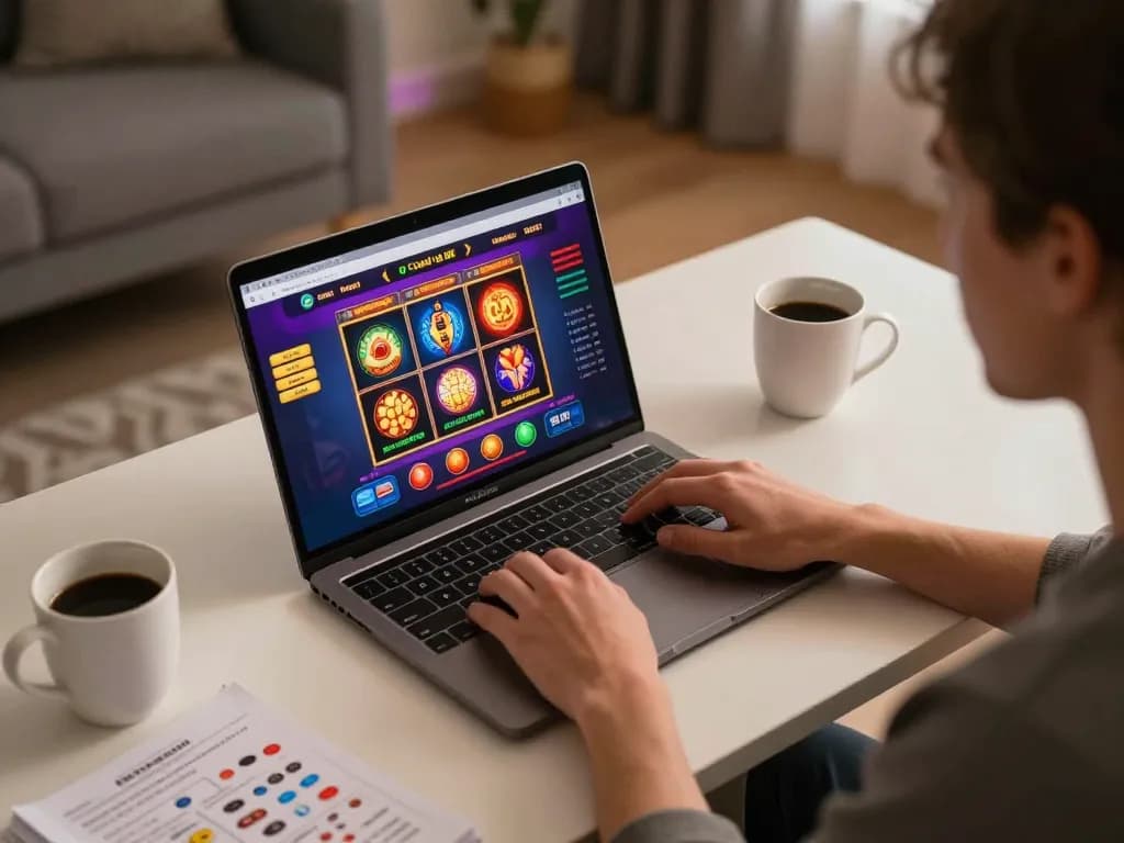Engaging in online casino non aams con neteller gaming on laptop at home desk for responsible entertainment.