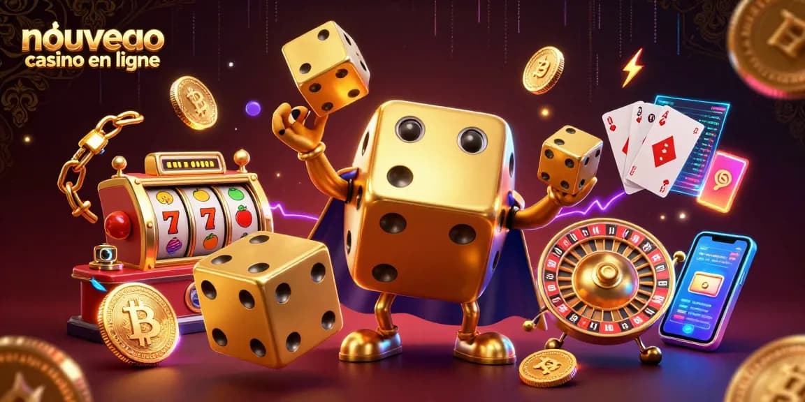 Nouveau casino en ligne : Illustration d'un golem de dés dorés et symboles de jeu pour les passionnés.