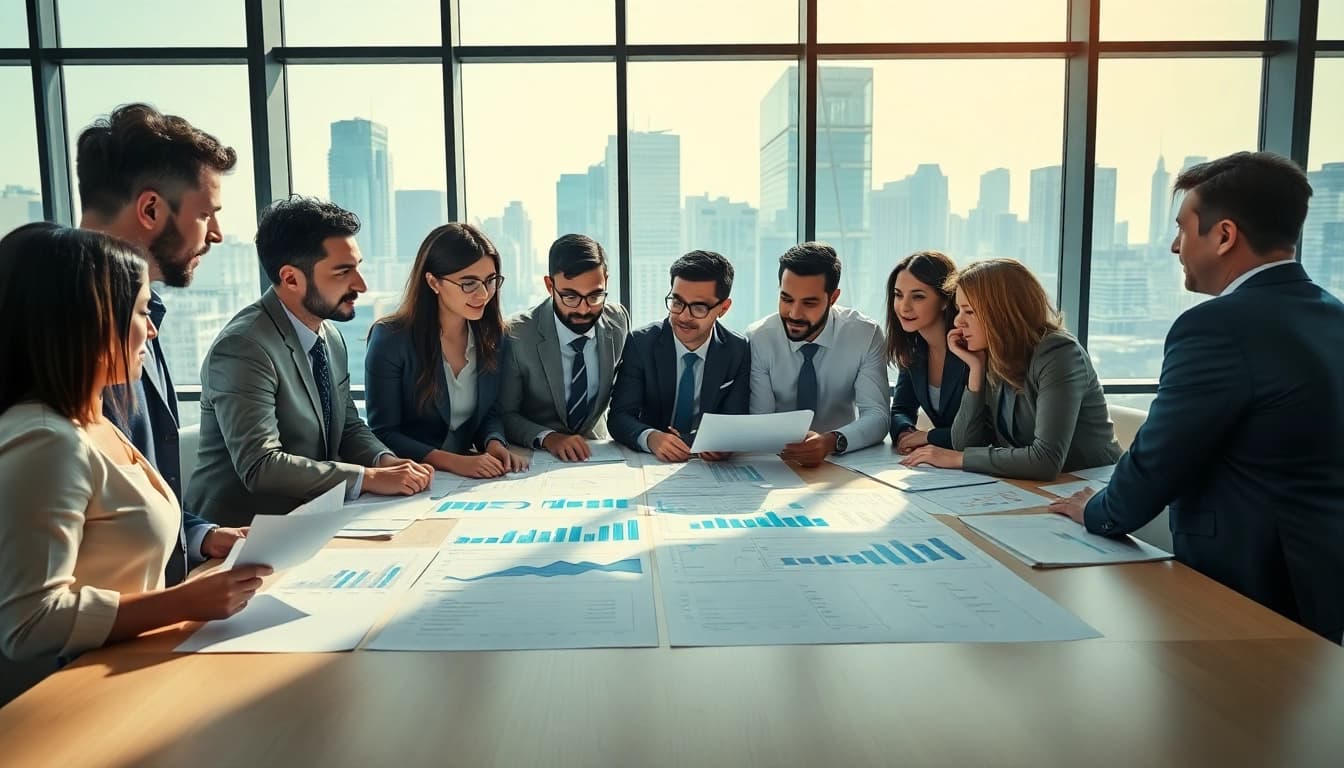 Engaging team conducting Bid-No-Bid Analysis. in a modern office setting.