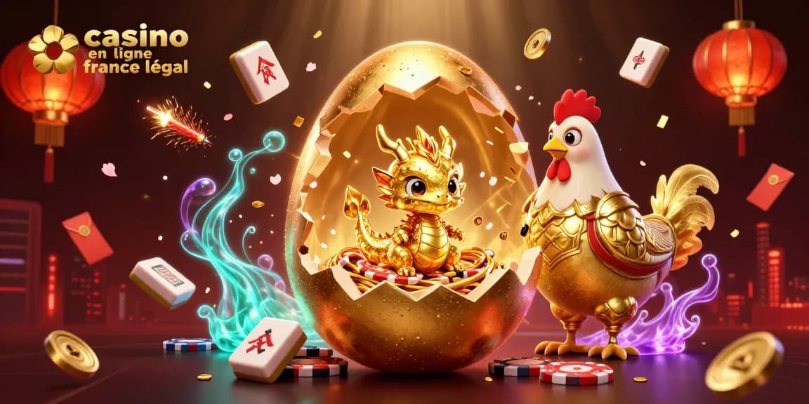 Découvrez les richesses du casino en ligne France légal avec un dragon doré, jetons et lanternes.
