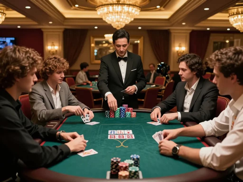 Pemain terlibat dalam permainan idn poker yang intens dengan chip dan kartu di kasino mewah.