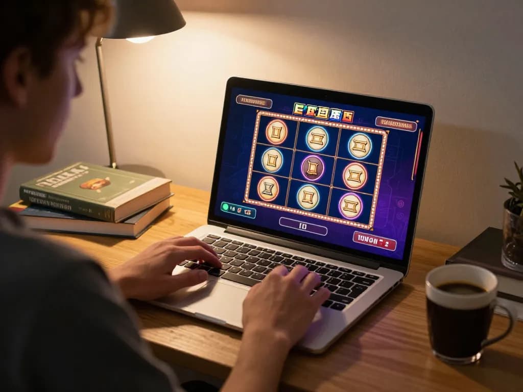 Player enjoying JPROYAL online slots on a laptop, highlighting gaming engagement and strategy.