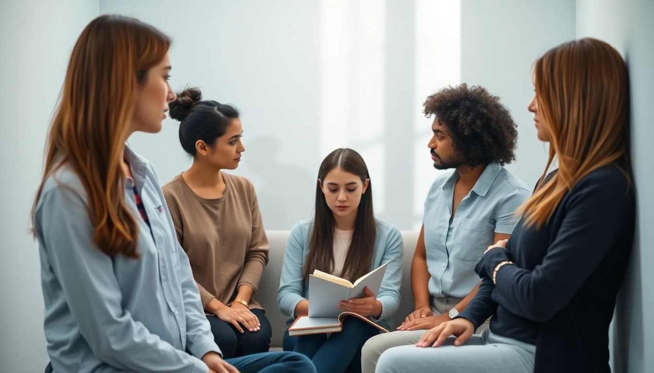 Illustration of a young woman reflecting on depression symptoms in a tranquil therapy setting.