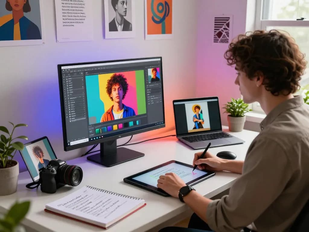 Digital artist creating prompts from images using AI software in a vibrant workspace.