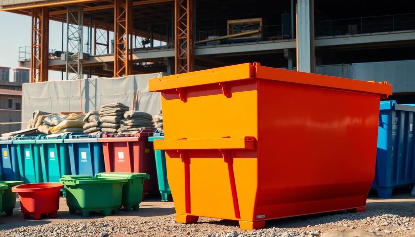 Explore garbage bins rental options with a diverse fleet showcased on a construction site.