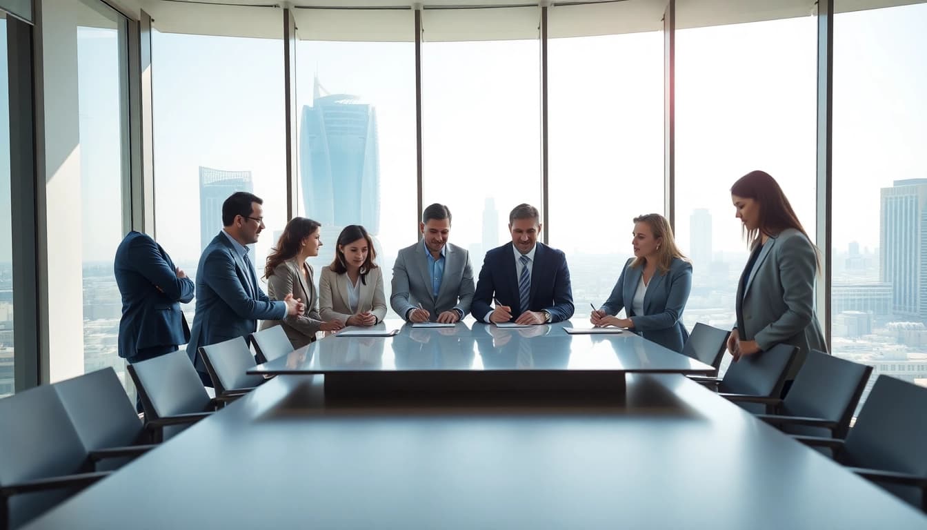 Engaging scene of Quickplus Business Consultants collaborating with a Dubai skyline backdrop.