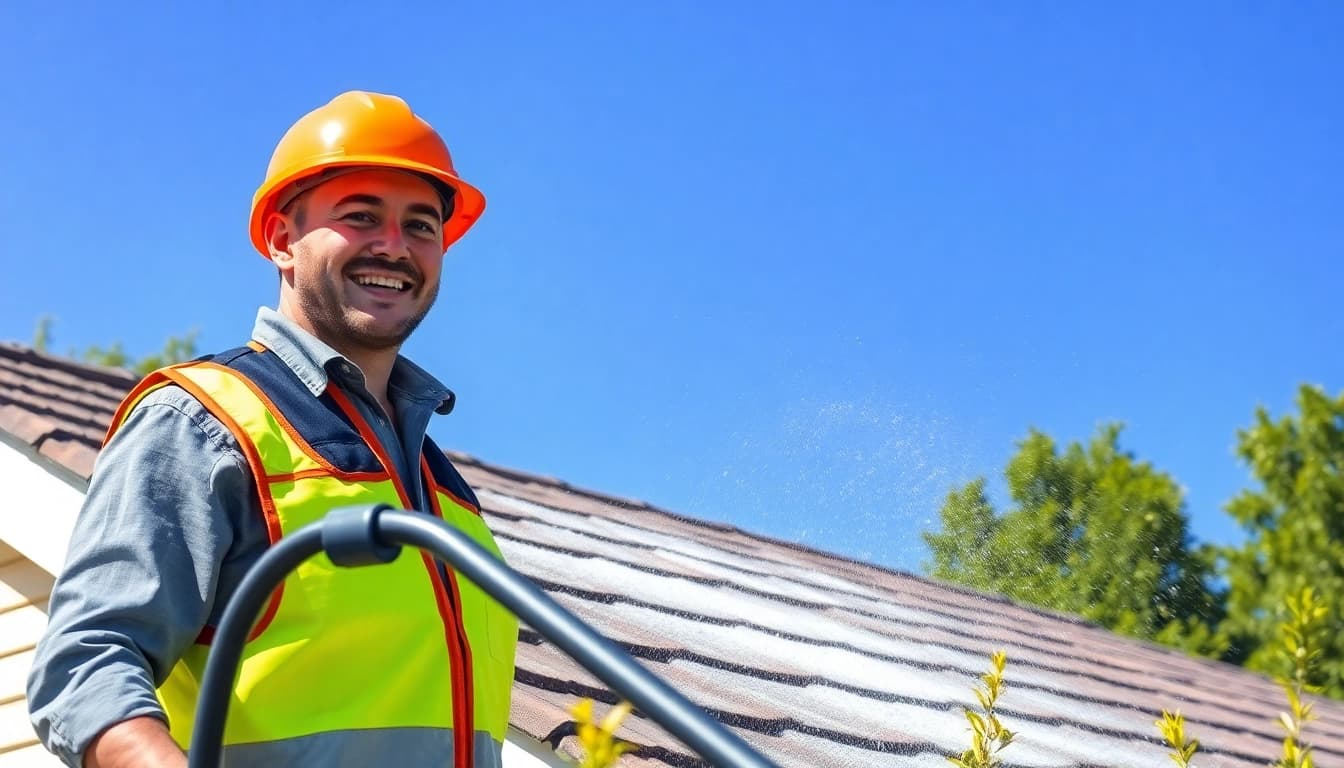 Roof cleaning technician performing safe soft washing on a residential roof in Kissimmee, showcasing effective algae removal.