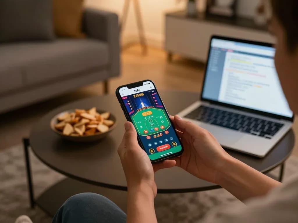 Player using TG88 mobile app for live dealer games in stylish living room.