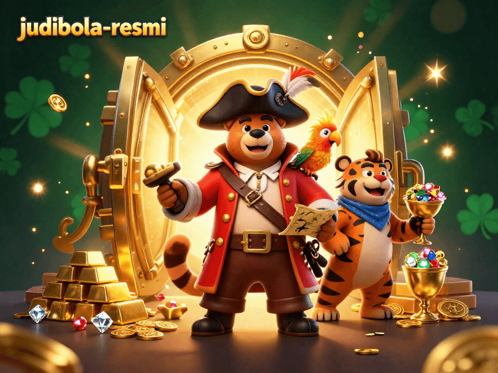 Join the excitement in judibola-resmi with a cartoon pirate and tiger exploring treasures in a grand casino.