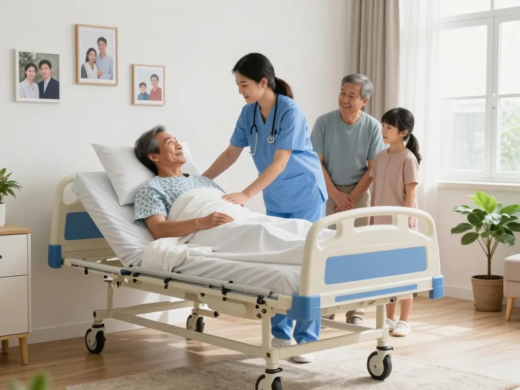 Caregiver adjusting a giường bệnh nhân in a welcoming home healthcare environment, showcasing comfort and care.