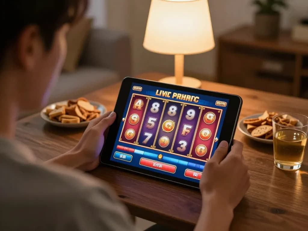 Engaging in live slot gaming on a tablet at home, showcasing เว็บตรง for responsible gambling enjoyment.