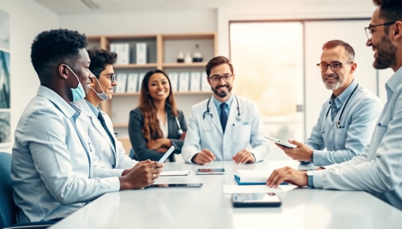 Engaged dental business consultant collaborating with team members in a bright office setting.