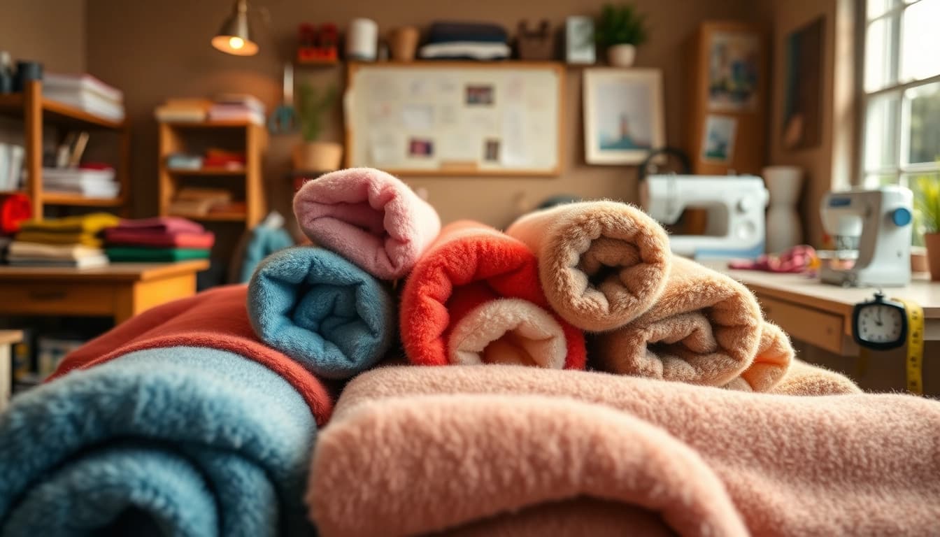 Fleece stof rollen in een gezellige naaiatelier met verschillende kleuren en patronen.
