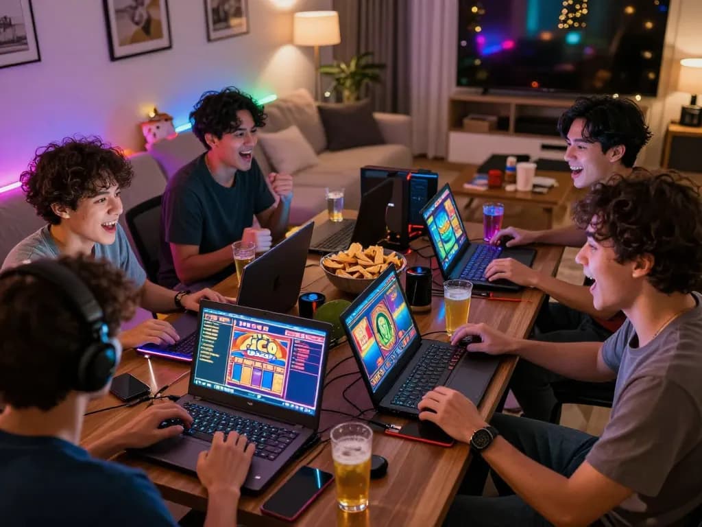 Friends enjoying slots at home while discussing link gacor for vibrant gaming experience.