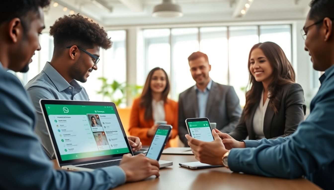 Engaged team discussing WhatsApp Business CRM solutions in a modern office setting.