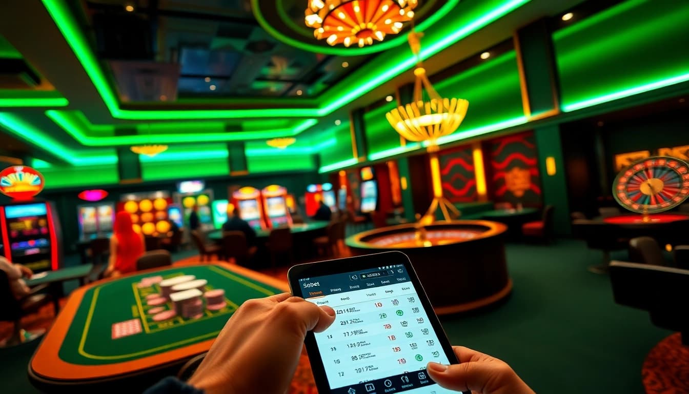 Experience sbobet online betting with vibrant casino visuals of poker tables, slots, and roulette in action.