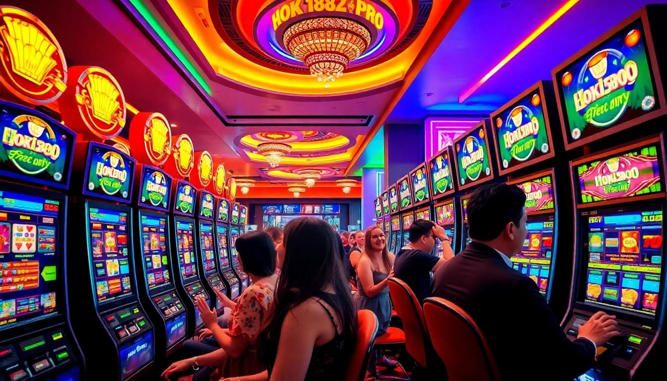 Exciting gaming atmosphere at Hoki138 Pro casino with players enjoying slot machines.