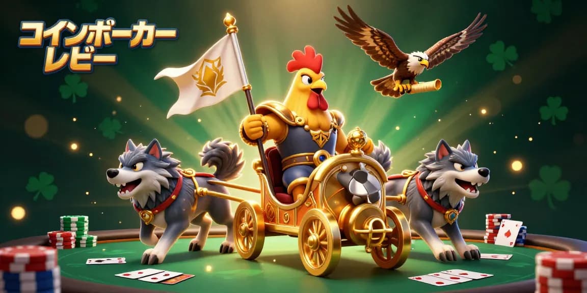 コインポーカー レビューのための戦略的なポーカーテーブルが盛り込まれた鮮やかなイラスト。
