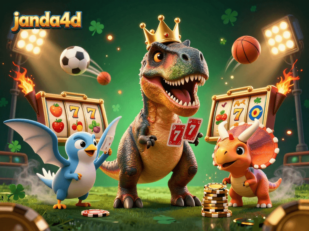 Permainan menyenangkan di janda4d dengan T-Rex yang mencoba mengocok kartu dan triceratops menumpuk chip emas.