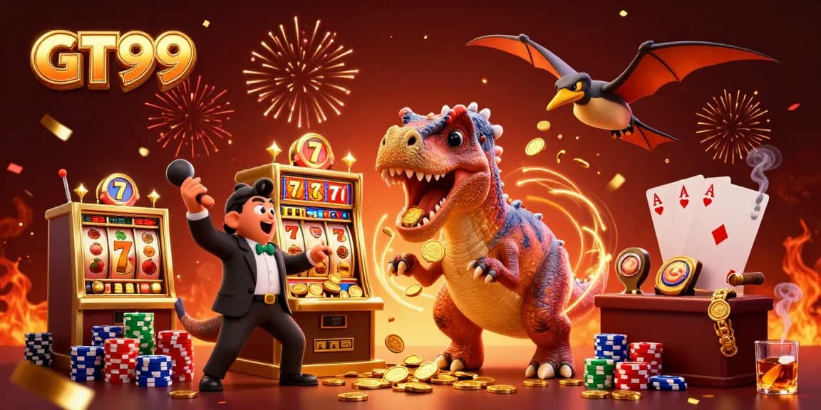 GT99 slots dynamic scene with a pachycephalosaurus, jackpot coins, and a casino manager