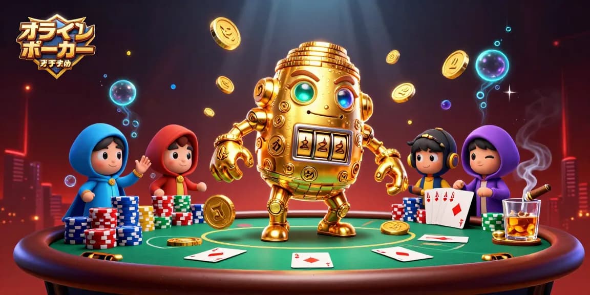 オンラインポーカー おすすめの魅力を描いたゴールデンゴーレムとポーカーチップが満載のシーン