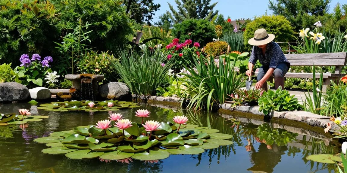 Buy Water Lilies blooming in a tranquil garden pond with lush greenery.