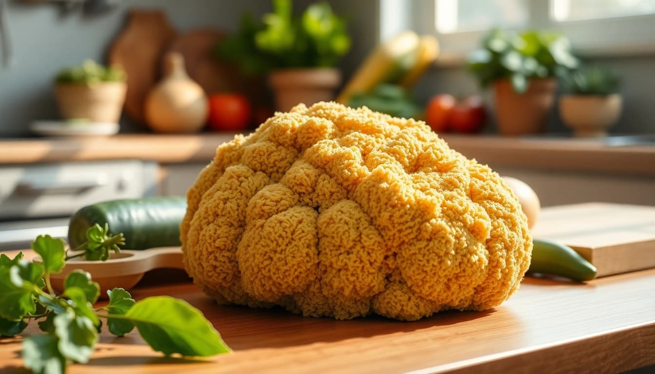 Discover kitchen loofah benefits through this vibrant close-up of natural loofah on a kitchen countertop.