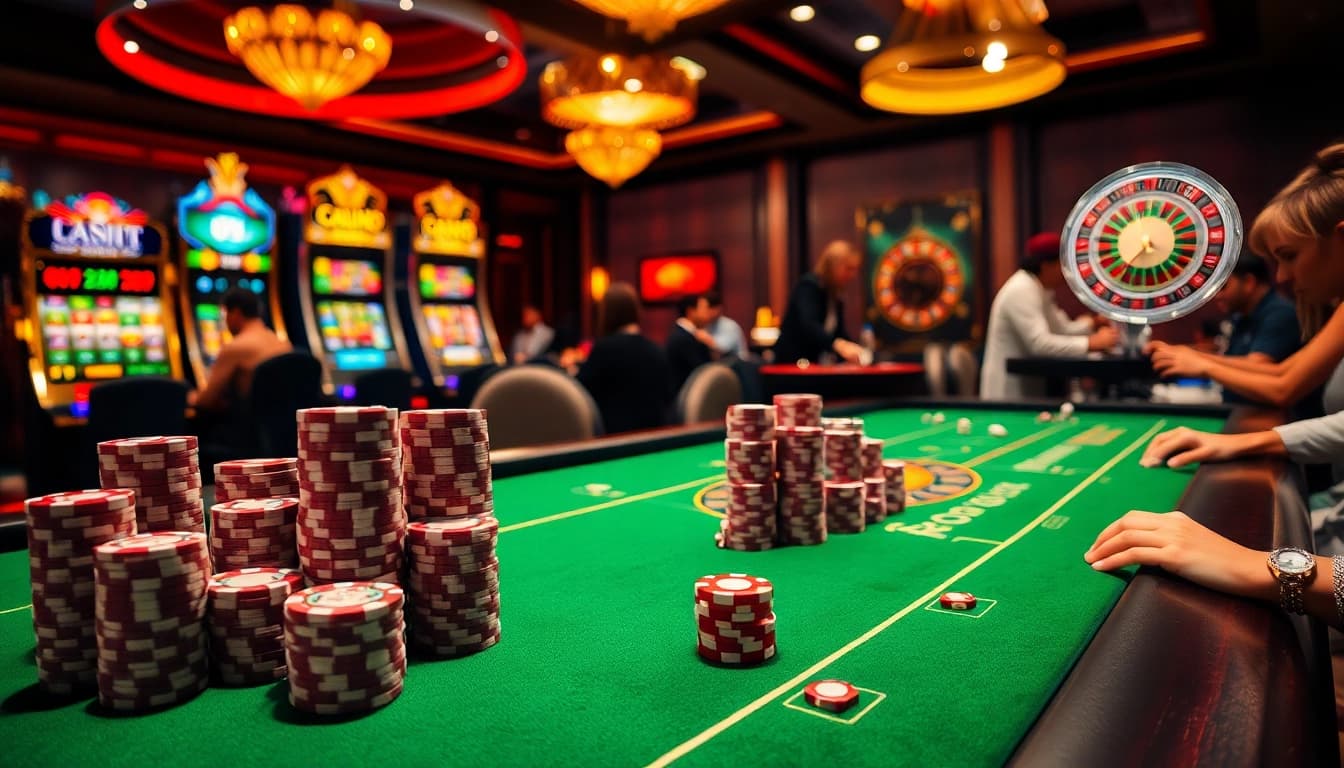 Action intense au poker dans un casino en ligne français avec des jetons élégants et un éclairage chaleureux.