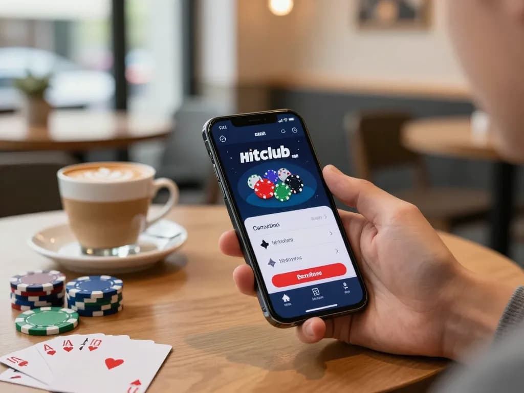 Engaging in hitclubapk mobile gaming at a modern coffee shop with a stylish smartphone interface.