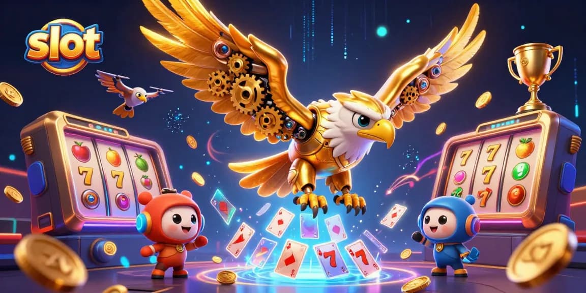 Spin the slots with a cybernetic eagle weaving through vibrant reels and holographic elements.