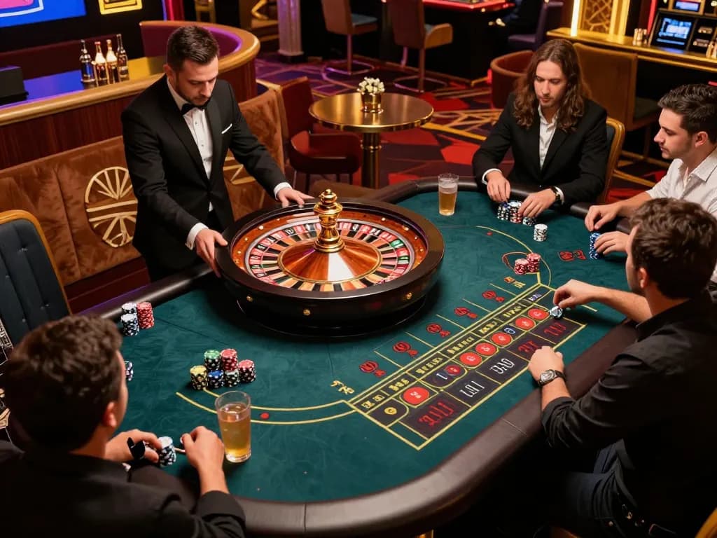 Engaged players at the migliori casino online europei live, placing bets at an elegant roulette table with a croupier.