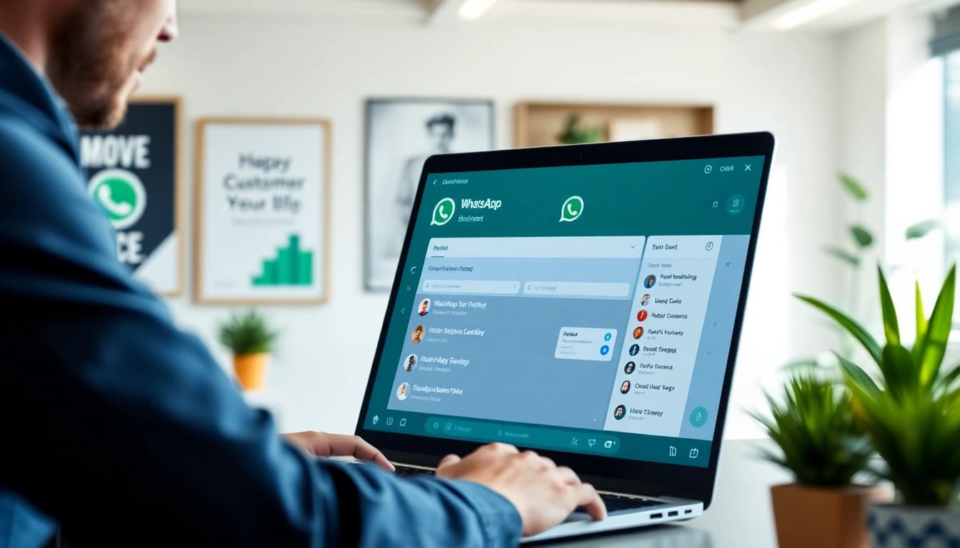 Showcasing WhatsApp Business CRM interaction in a professional workspace setting with dynamic elements.