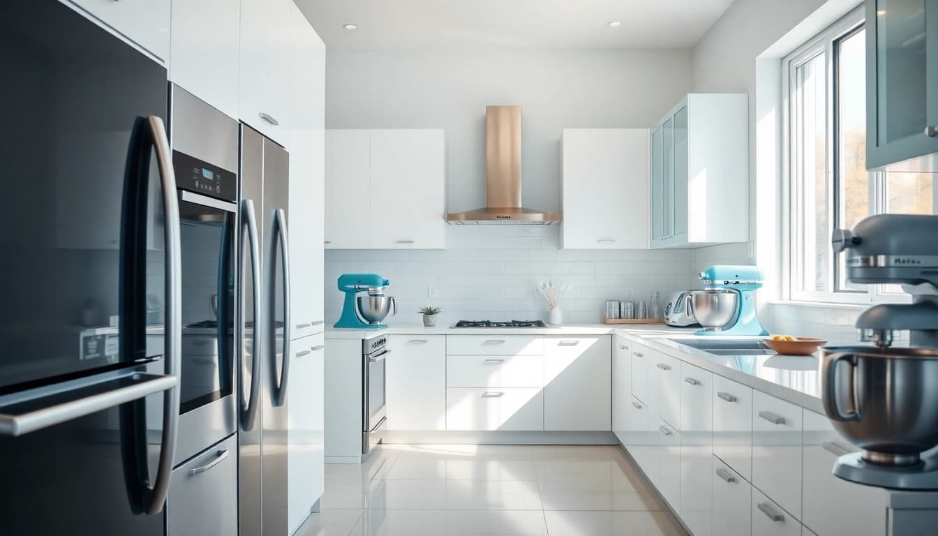 Showcase of modern home appliances featuring stainless steel designs in a stylish kitchen.
