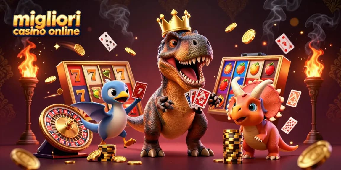 Gioca nei migliori casino online con il T-Rex, il pterodactyl e la triceratops in un'illustrazione vivace.