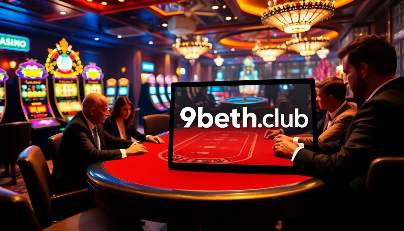 A lively casino showcasing i9bet2h.club's digital interface surrounded by poker players and vibrant slot machines.