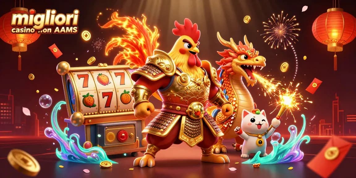 Giocare nei migliori casino non AAMS con un guerriero gallo e un drago in un ambiente festoso.