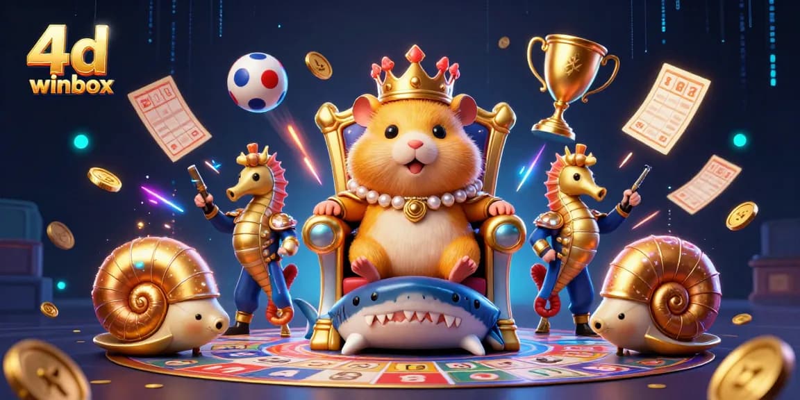 Winbox 4D lottery scene with royal characters and vibrant game elements in dynamic composition.