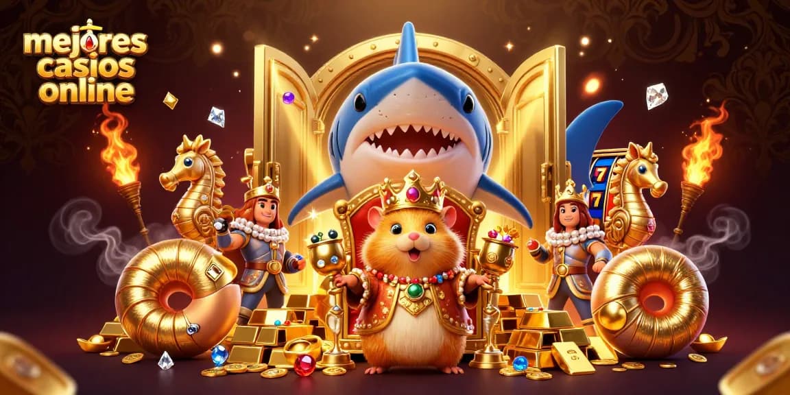 Las mejores casinos online encabezados por un rey hámster dorado en un trono, rodeado de tesoros.